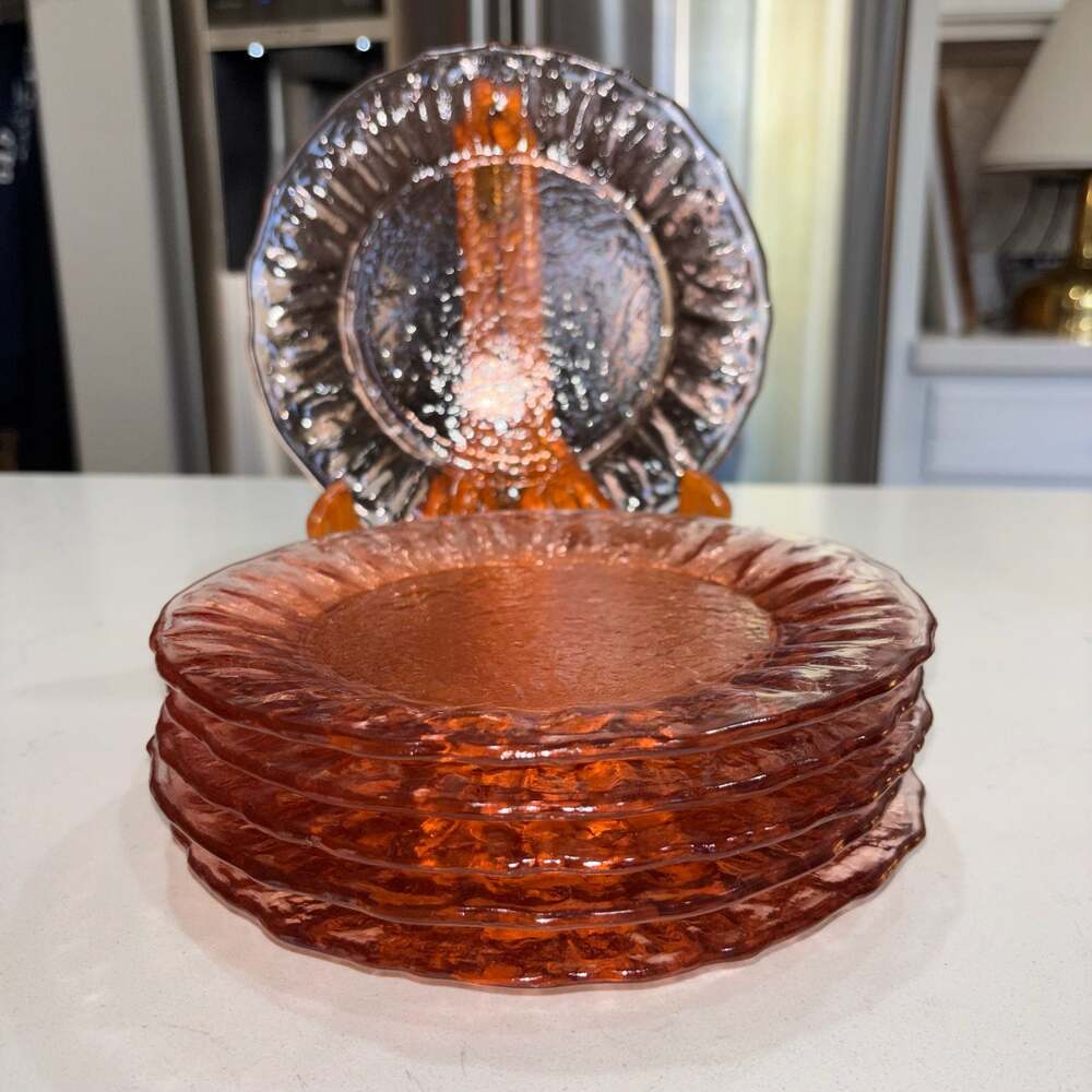 Vintage Morgantown Seneca Pink Crinkle Glass Bread/Salad Plates 7.25” (6)